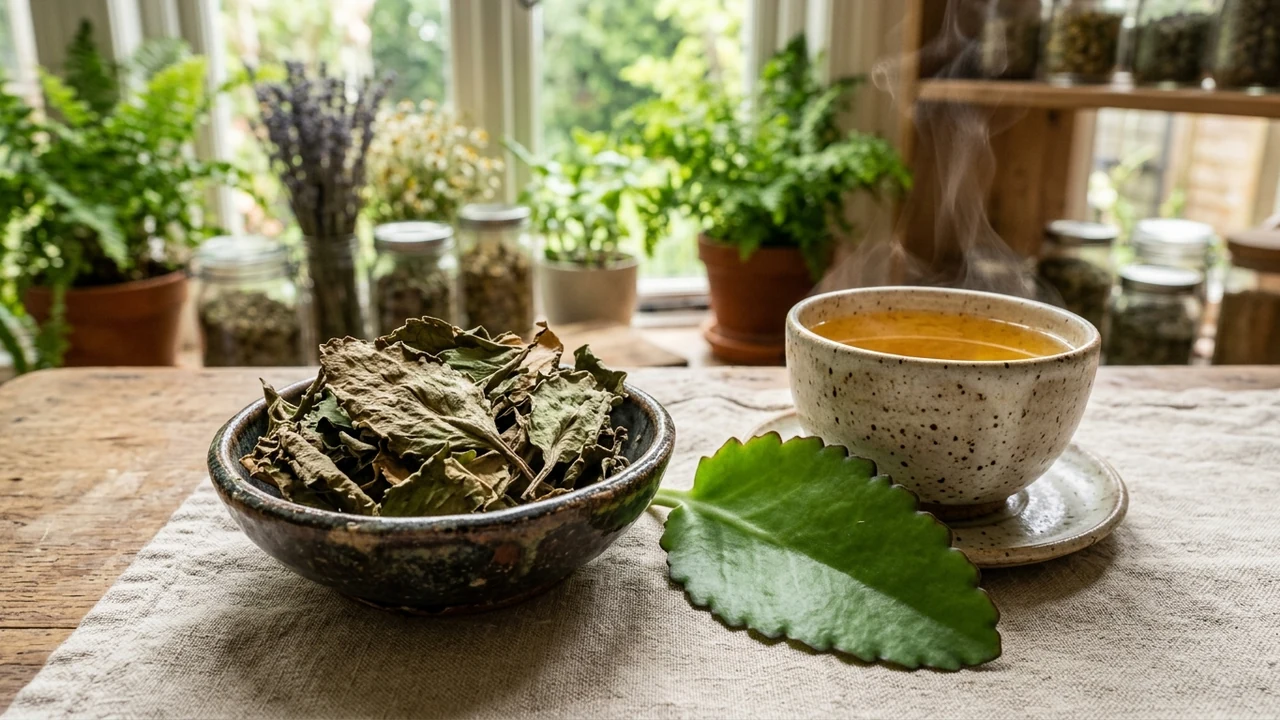 Steaming ceramic cup of restorative Kalanchoe miracle leaf tea with whole cut green leaves on linen