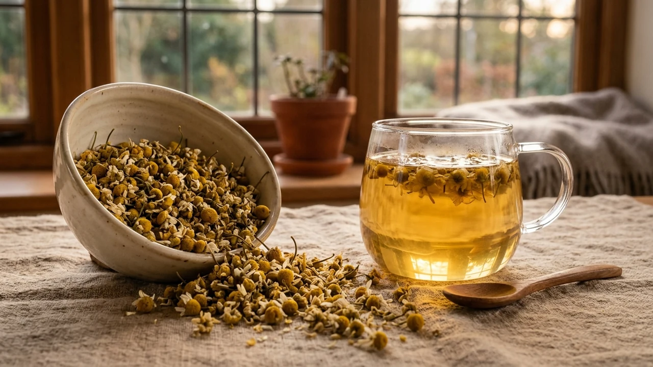 Steaming clear glass teacup of golden organic chamomile blossom tea with whole dried flowers on rustic linen