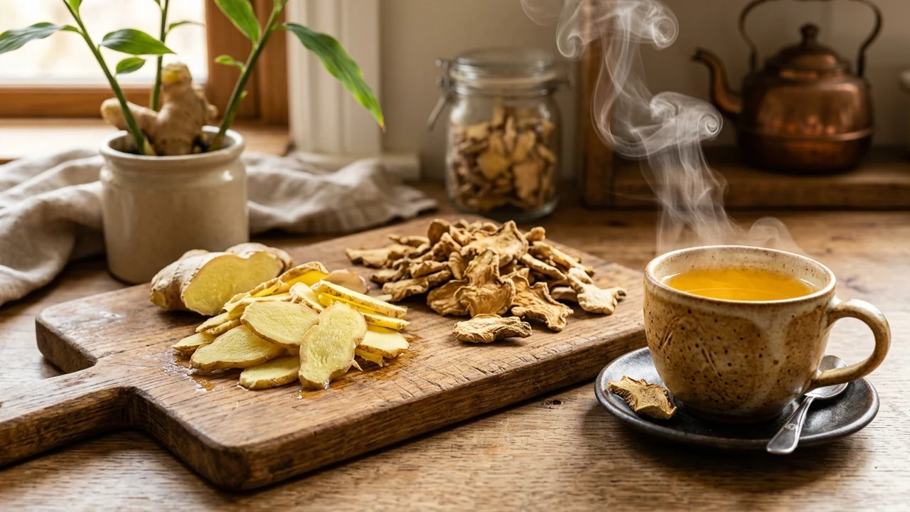 Steaming mug of golden organic ginger root tea with fresh sliced rhizomes and honey dipper on raw linen