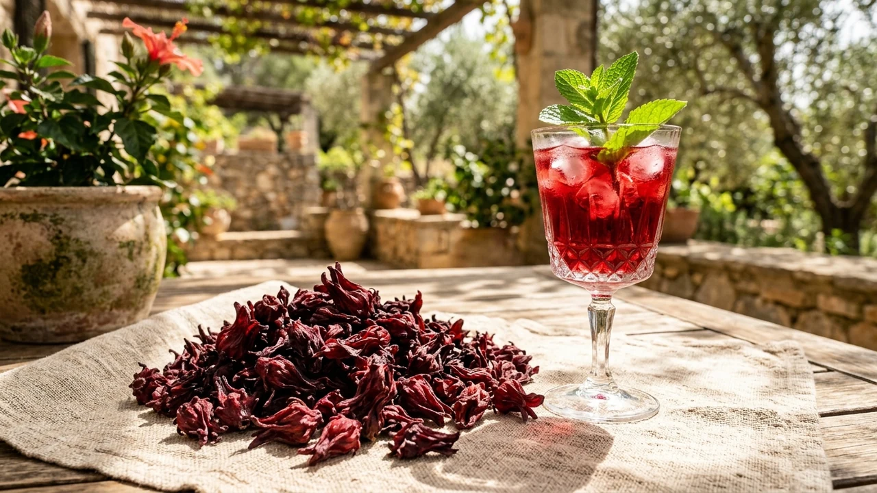 Deep glowing ruby red iced organic hibiscus tea in tall glass garnished with fresh mint and dried calyces on linen