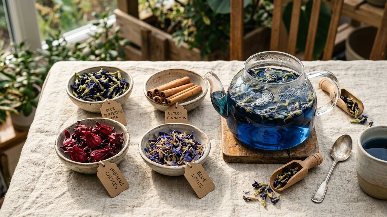 Artisanal organic botanical apothecary flatlay with sun-dried butterfly pea, Ceylon cinnamon quills, ruby hibiscus calyces, and steeping sapphire tea