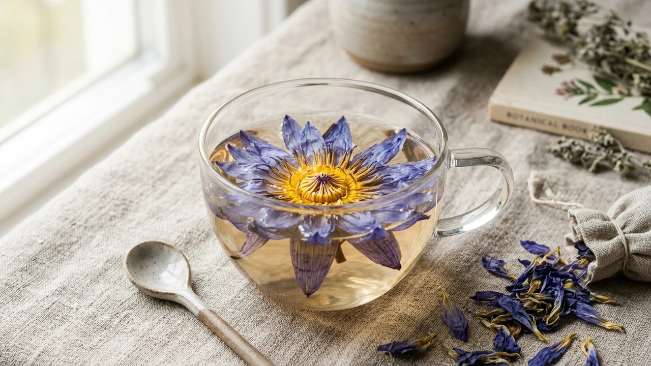 Whole dried Egyptian blue lotus flower steeping in a clear glass cup on warm linen cloth