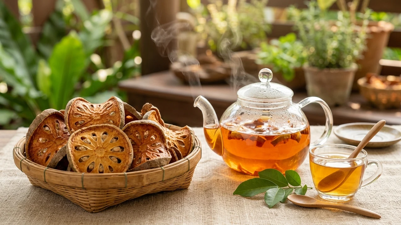 Sun-dried golden slices of authentic Bael fruit beside a steaming glass teapot on natural linen
