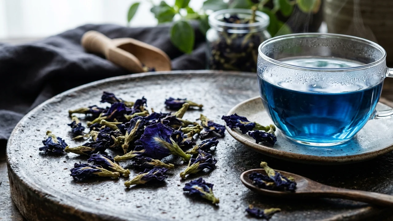 Deep glowing sapphire blue herbal tea infusion in clear glass cup surrounded by sun-dried butterfly pea blossoms