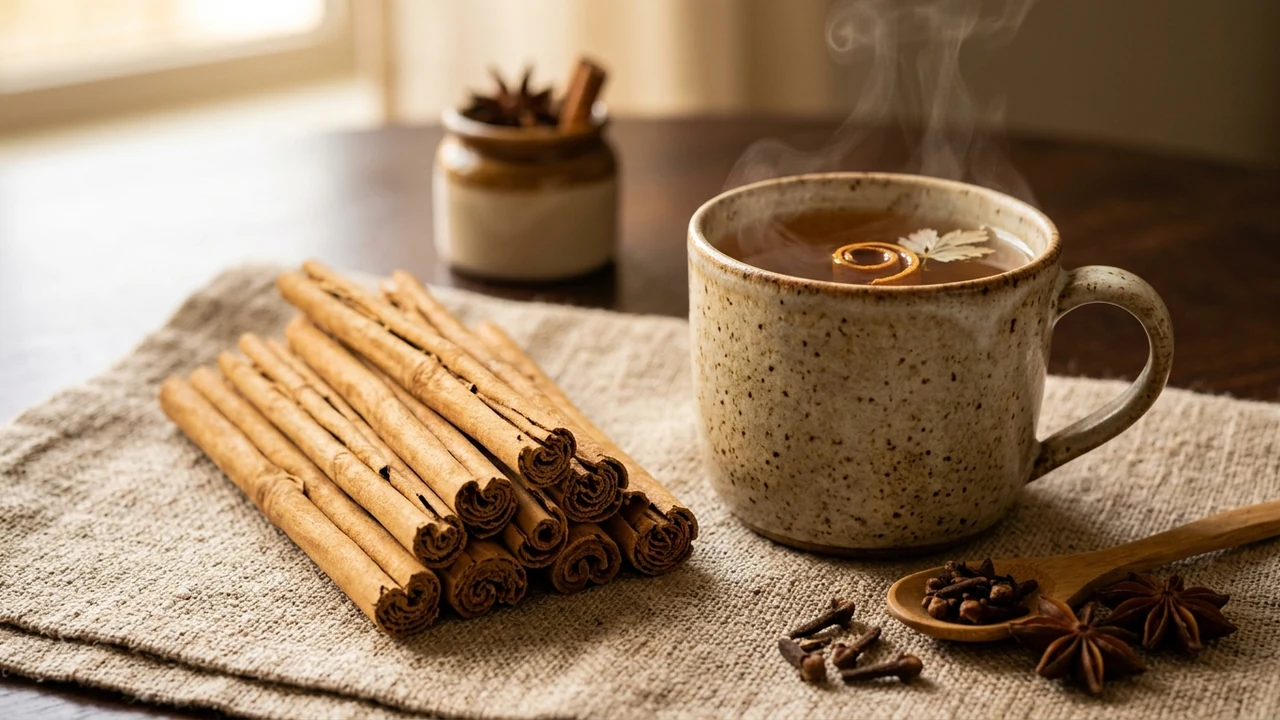 Authentic multilayered Ceylon cinnamon quills on natural linen with steaming ceramic tea cup