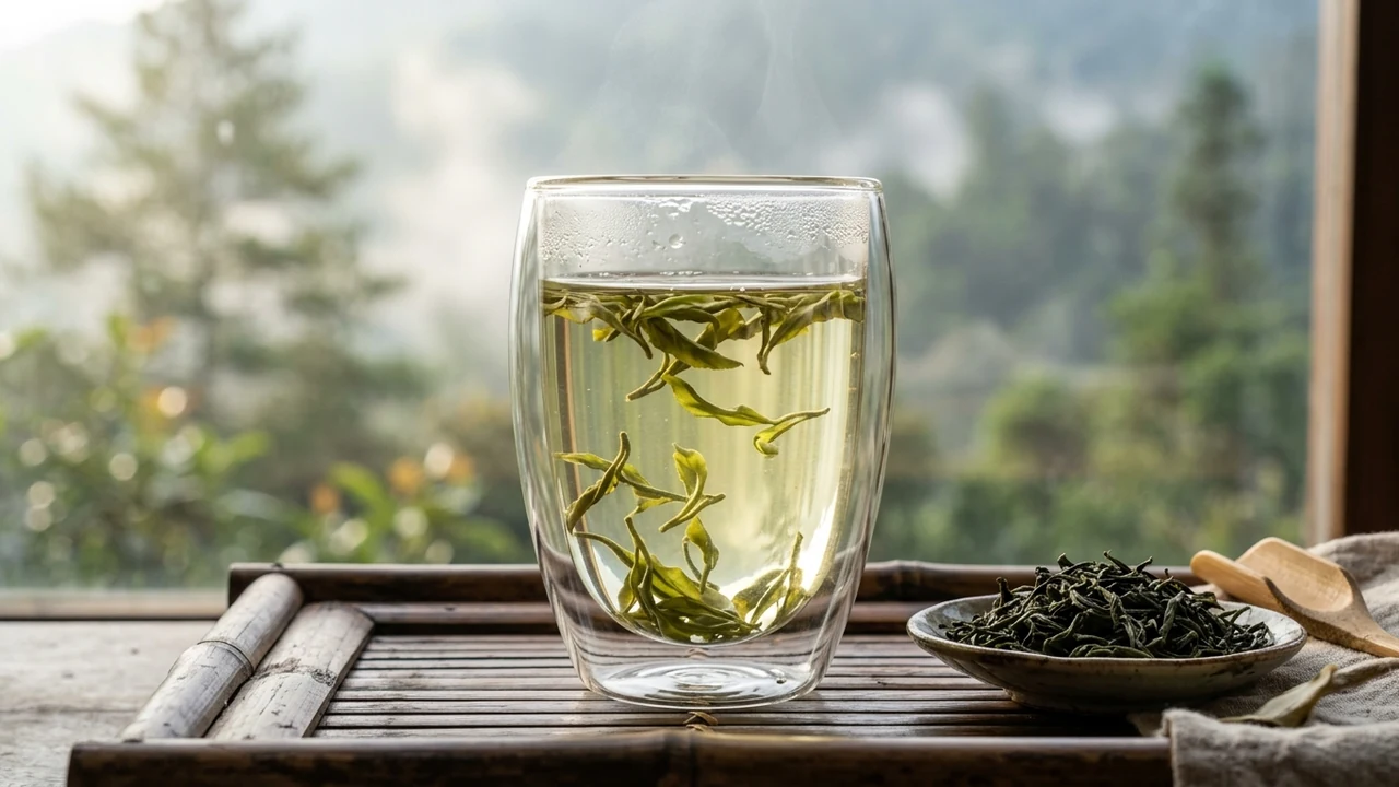 Delicate whole-leaf organic Ceylon green tea leaves floating in a double-walled glass tumbler against misty tea garden mountains