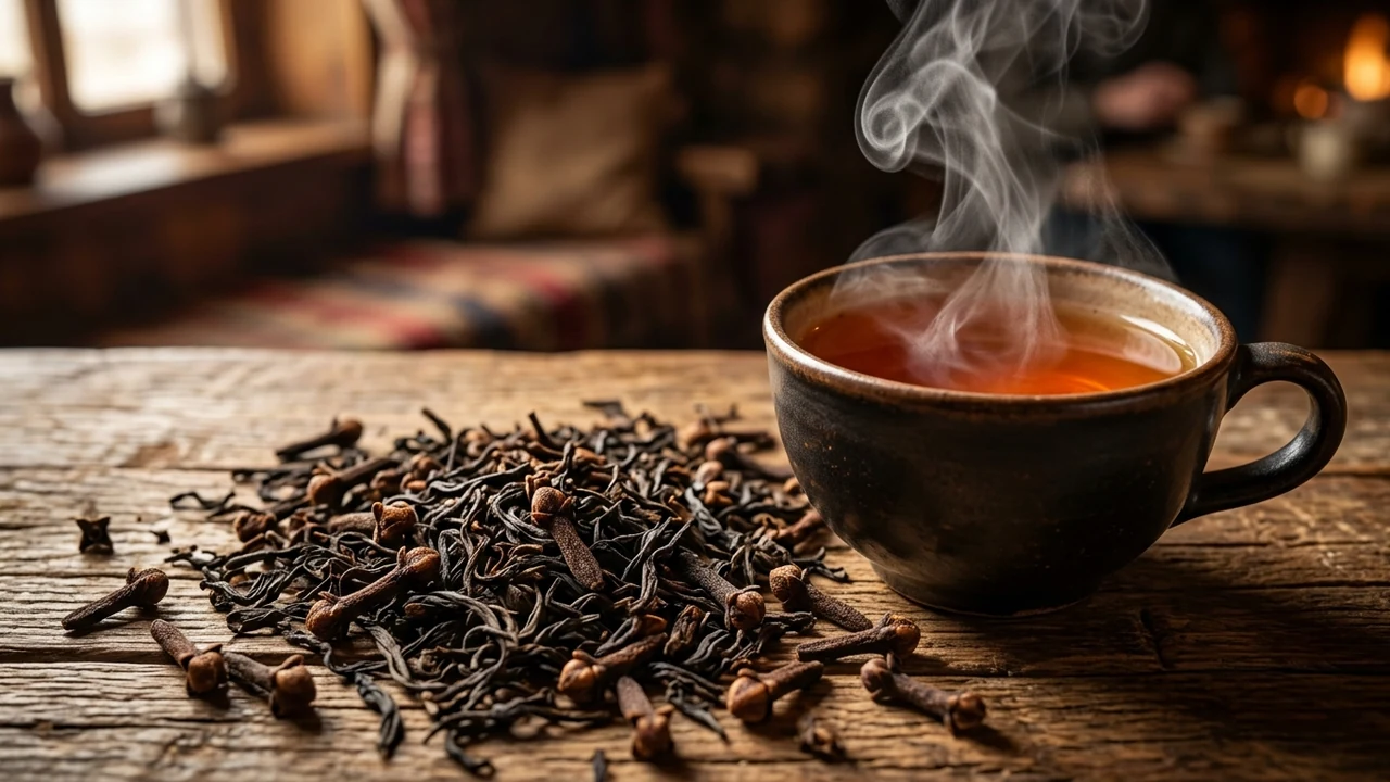Steaming mug of spiced clove black tea on wooden tavern table with whole cloves and twisted black tea leaves