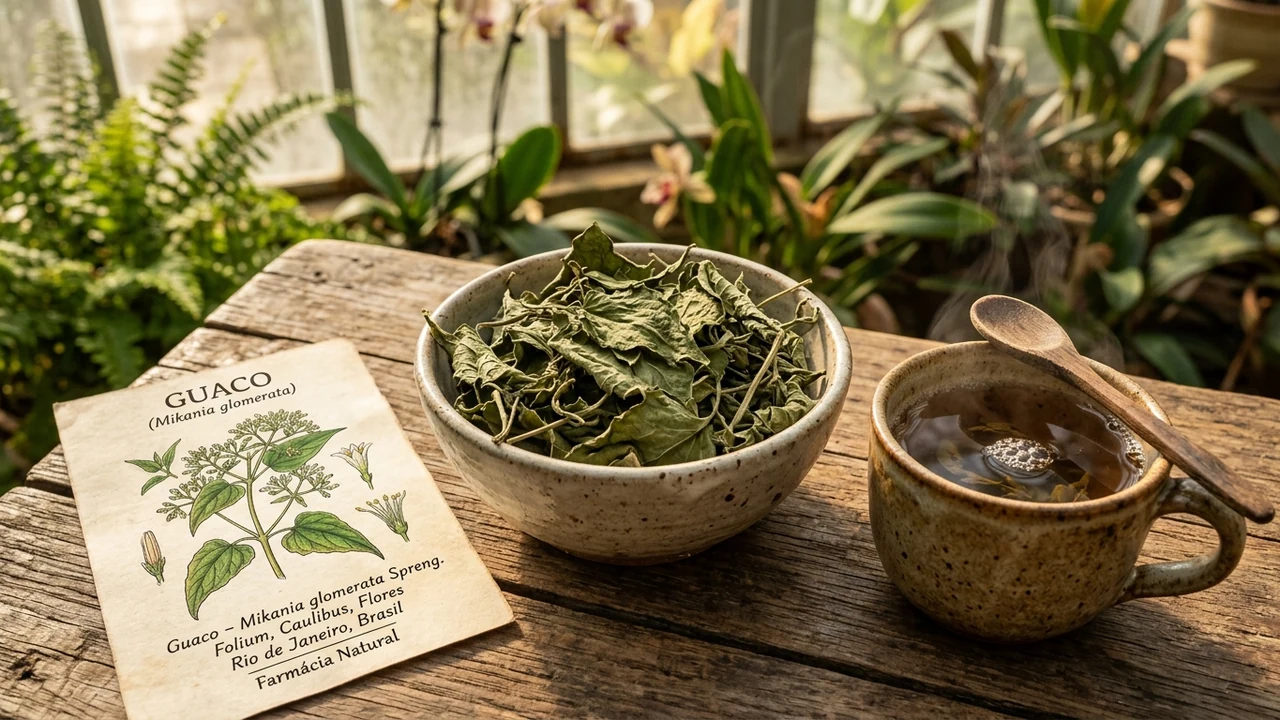 Dried organic Guaco leaves in an apothecary bowl on rustic wood next to a steaming herbal infusion